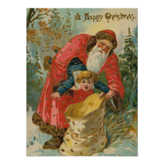 Oude kerstkaart, kerstman, stout kind perfect poster (Voorkant)