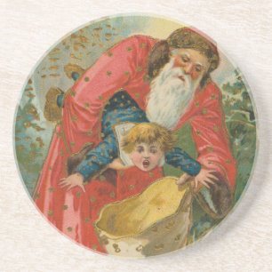 Oude kerstkaart, kerstman, stout kind zandsteen onderzetter