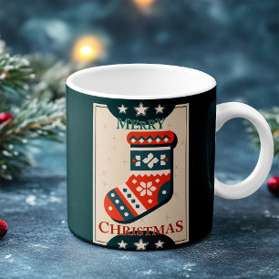 Oude kerstkaart met illustratie van kous koffiemok