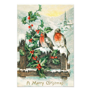 Oude kerstkaart met Roodborstjes, Hulst en Kerk Foto Afdruk
