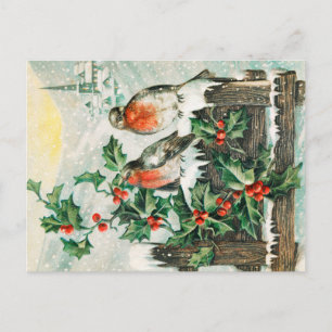 Oude kerstkaart met roodborstjes, hulst, kerk briefkaart