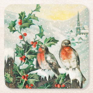 Oude kerstkaart met Roodborstjes, Hulst, Kerk Kartonnen Onderzetters