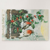Oude kerstkaart met roodborstjes, hulst, kerk legpuzzel (Horizontaal)