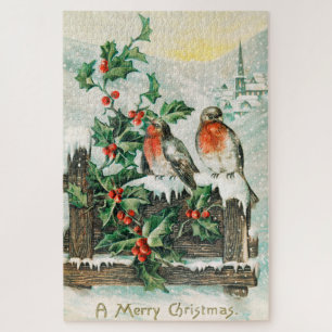 Oude kerstkaart met roodborstjes, hulst, kerk legpuzzel