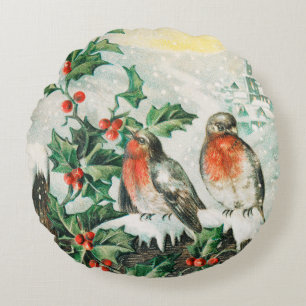 Oude kerstkaart met roodborstjes, hulst, kerk rond kussen