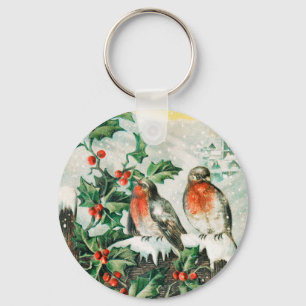 Oude kerstkaart met Roodborstjes, Hulst, Kerk Sleutelhanger