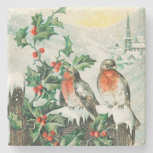 Oude kerstkaart met roodborstjes, hulst, kerk stenen onderzetter