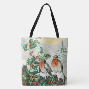 Oude kerstkaart met Roodborstjes, Hulst, Kerk Tote Bag