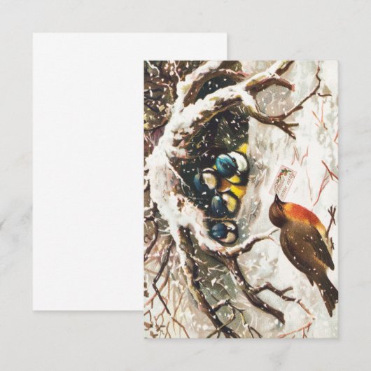 Oude kerstkaart met vogels in de sneeuw kaart (Voorkant / Achterkant)