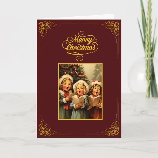 Oude kerstkaart met zingende kinderen kaart (Voorkant)