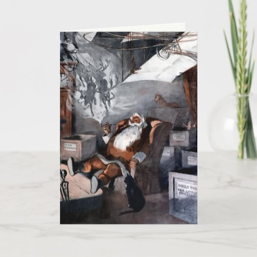 Oude Kerstkaart van Kerstman en Kat Feestdagen Kaart (Voorkant)