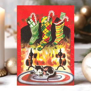 Oude Kerstkat Kousen Schouwvuurplaats Feestdagen Kaart