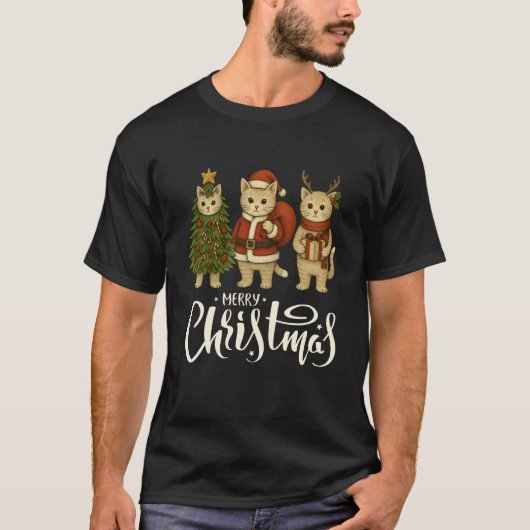 Oude Kerstkat Lieve Kerstman Rendier Kerstboom T-shirt (Voorkant)
