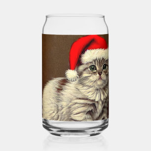 Oude kerstkat met kerstmanhoed blikvorm glas