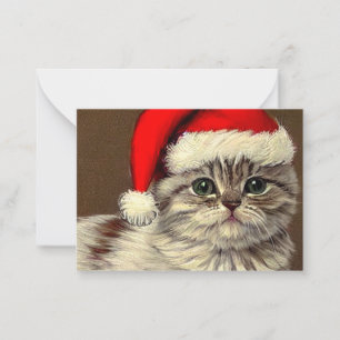 Oude Kerstkat met Kerstmannenhoed Notitiekaartje