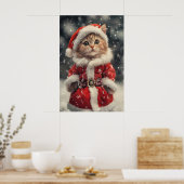 Oude Kerstkat Print, Retro Vakantie Poster (Keuken)