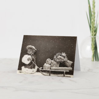 Oude kerstkat trekt cadeauslee foto feestdagen kaart