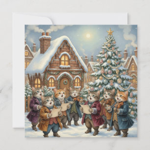 Oude Kerstkatten zingen bij de kerstboom Feestdagenkaart