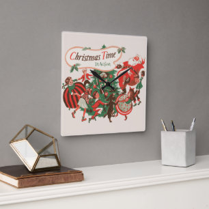 Oude Kerstman en dansende kinderen Vierkante Klok
