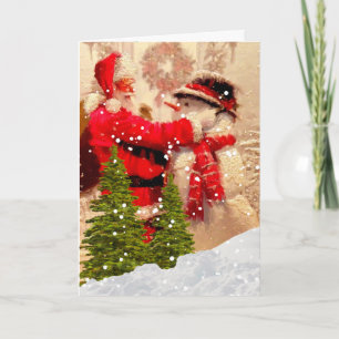 Oude Kerstman en Sneeuwman Kerstvakantiekaart Feestdagen Kaart