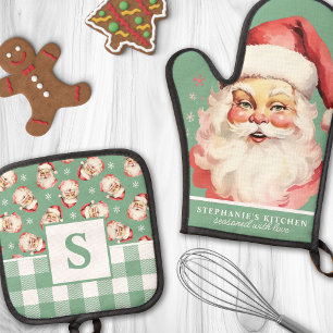 Oude Kerstman Gezicht Groen Gingham Geborduurd Ini Ovenwant & Pannenlap Set