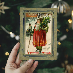 Oude kerstman in de sneeuw in vintage stijl feestdagenkaart