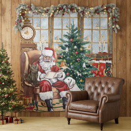 Oude Kerstman Knus Dieren Achtergrond voor Kerstmi Wandkleed