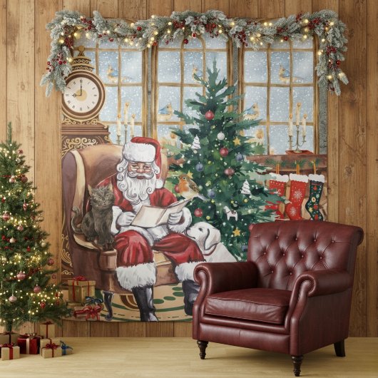 Oude Kerstman Knus Kerst Dieren Achtergrond Wandkleed