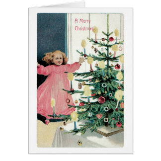 Oude kerstman, meisje, kerstboom