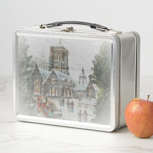 Oude kerstman met kinderen voor een kerk (In situ)