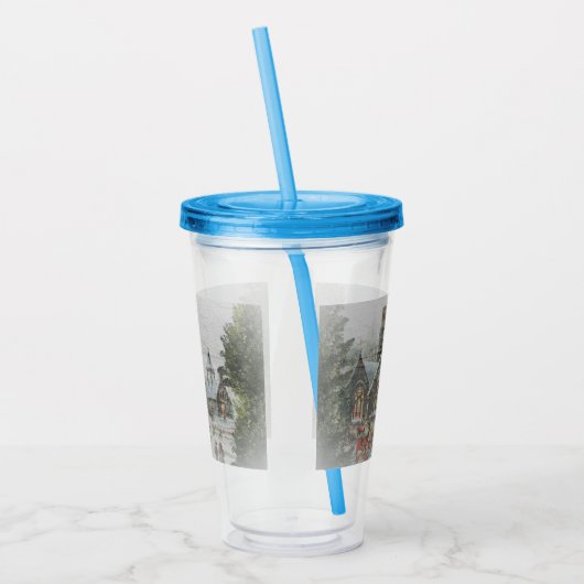 Oude kerstman met kinderen voor een kerk acryl drinkbeker (Links)