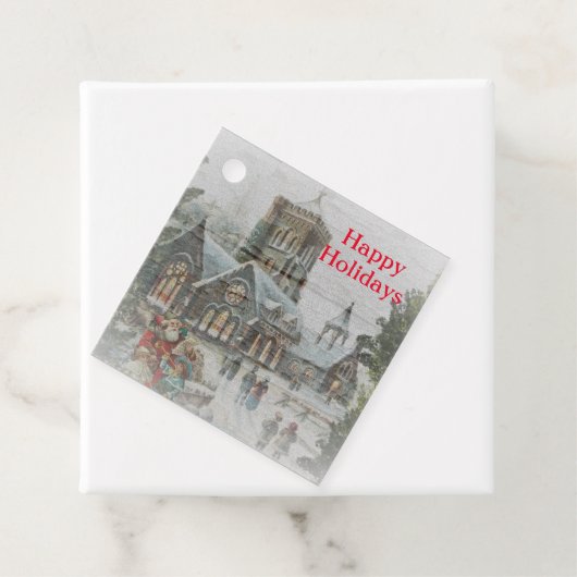 Oude kerstman met kinderen voor een kerk bedankjes labels (In situ)