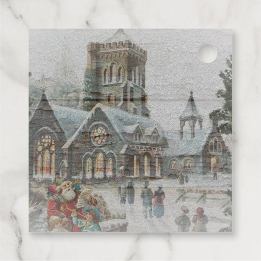 Oude kerstman met kinderen voor een kerk bedankjes labels (Achterkant)