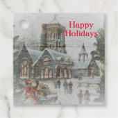 Oude kerstman met kinderen voor een kerk bedankjes labels (Voorkant)