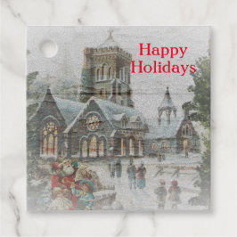 Oude kerstman met kinderen voor een kerk bedankjes labels