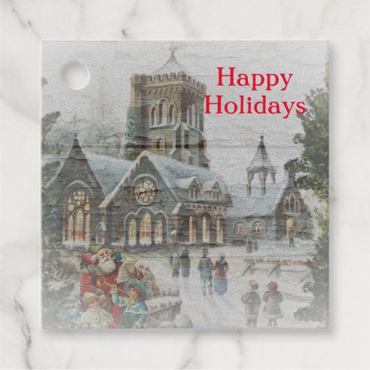 Oude kerstman met kinderen voor een kerk bedankjes labels (Voorkant)