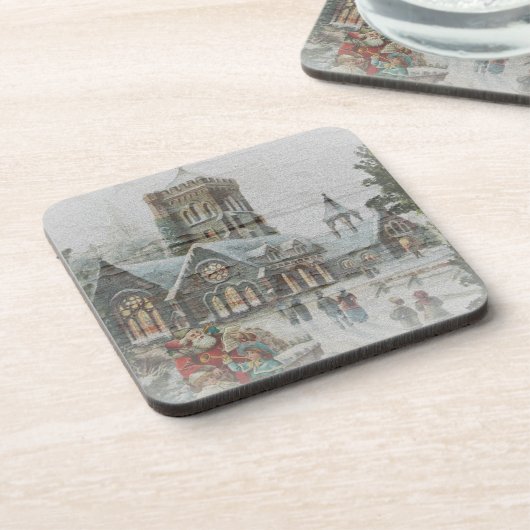 Oude kerstman met kinderen voor een kerk bier onderzetter (Linkerzijde)