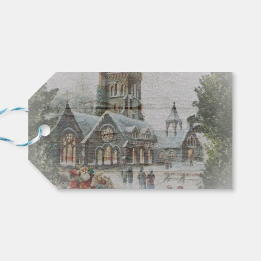 Oude kerstman met kinderen voor een kerk cadeaulabel (Achterkant Horizontaal)