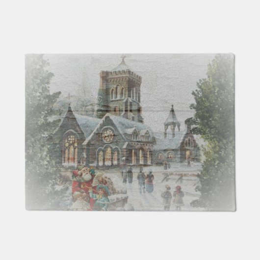 Oude kerstman met kinderen voor een kerk deurmat (Voorkant)