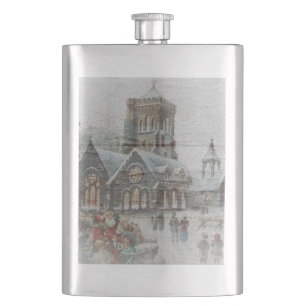 Oude kerstman met kinderen voor een kerk flacon