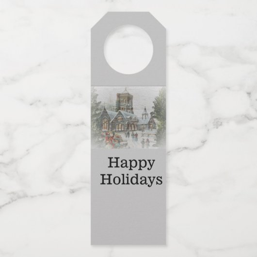 Oude kerstman met kinderen voor een kerk flessenhanger (Voorkant)