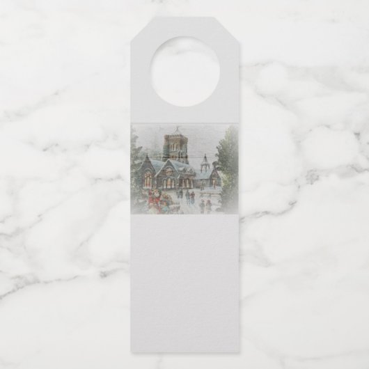 Oude kerstman met kinderen voor een kerk flessenhanger (Achterkant)