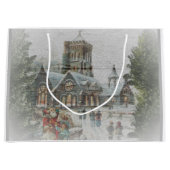 Oude kerstman met kinderen voor een kerk groot cadeauzakje (Voorkant)