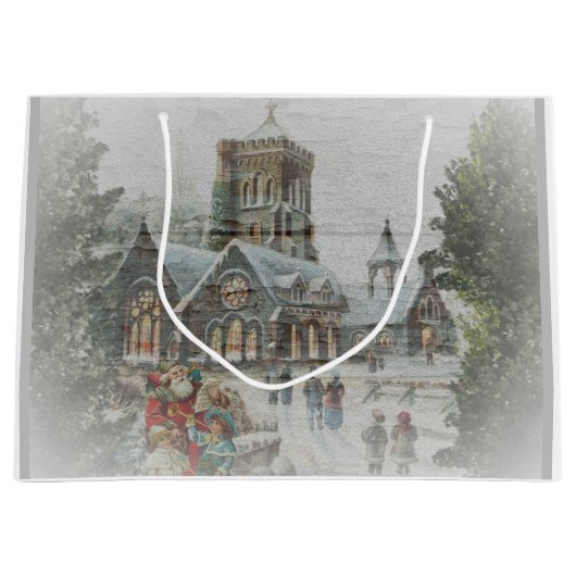 Oude kerstman met kinderen voor een kerk groot cadeauzakje (Voorkant)