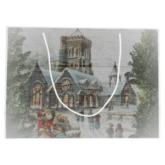 Oude kerstman met kinderen voor een kerk groot cadeauzakje (Achterkant)