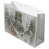 Oude kerstman met kinderen voor een kerk groot cadeauzakje (Achterkant Gekanteld)