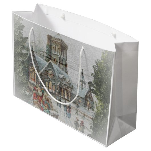 Oude kerstman met kinderen voor een kerk groot cadeauzakje (Achterkant Gekanteld)