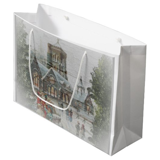 Oude kerstman met kinderen voor een kerk groot cadeauzakje (Voorkant Gekanteld)