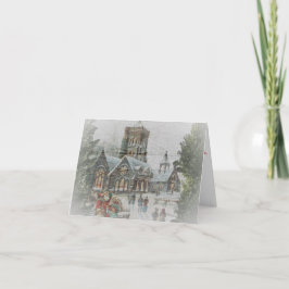 Oude kerstman met kinderen voor een kerk kaart