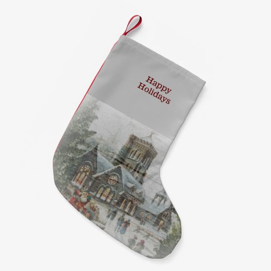 Oude kerstman met kinderen voor een kerk kleine kerstsok (Voorkant (Hangend))